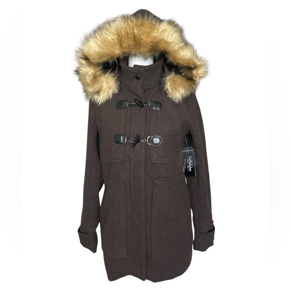 CoffeeShop Jackets & Blazers - CoffeeShop Brown Pea Coat with Faux Fur Hood